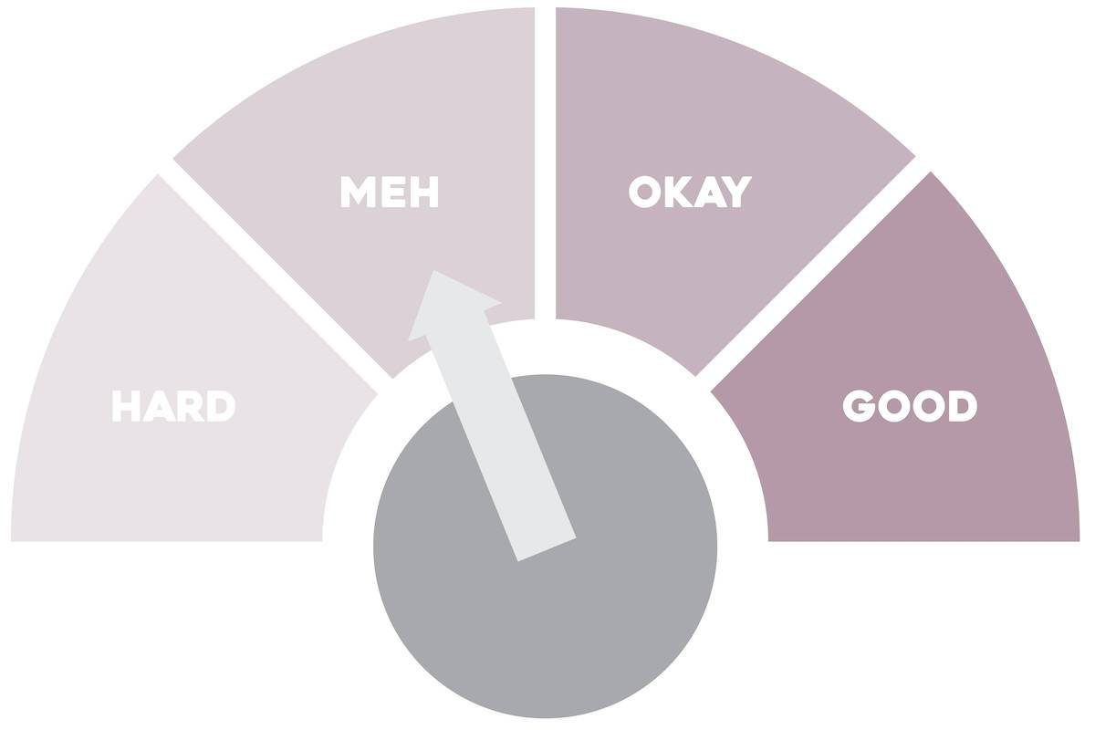 An arrow on an indicator sign points to 'meh'.