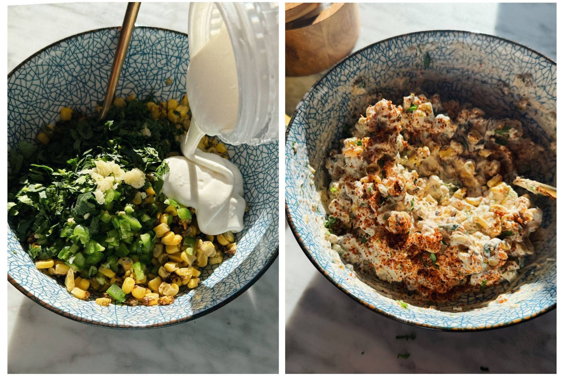 Making street corn dip in a bowl.