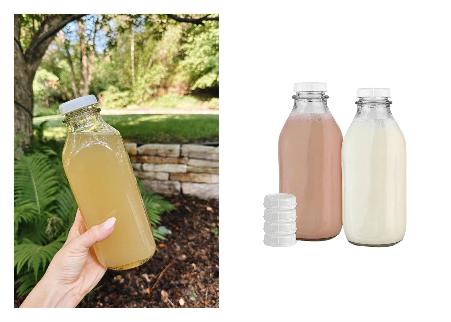 White hand holding juice in a clear jug next to a stock photo of clear jug.