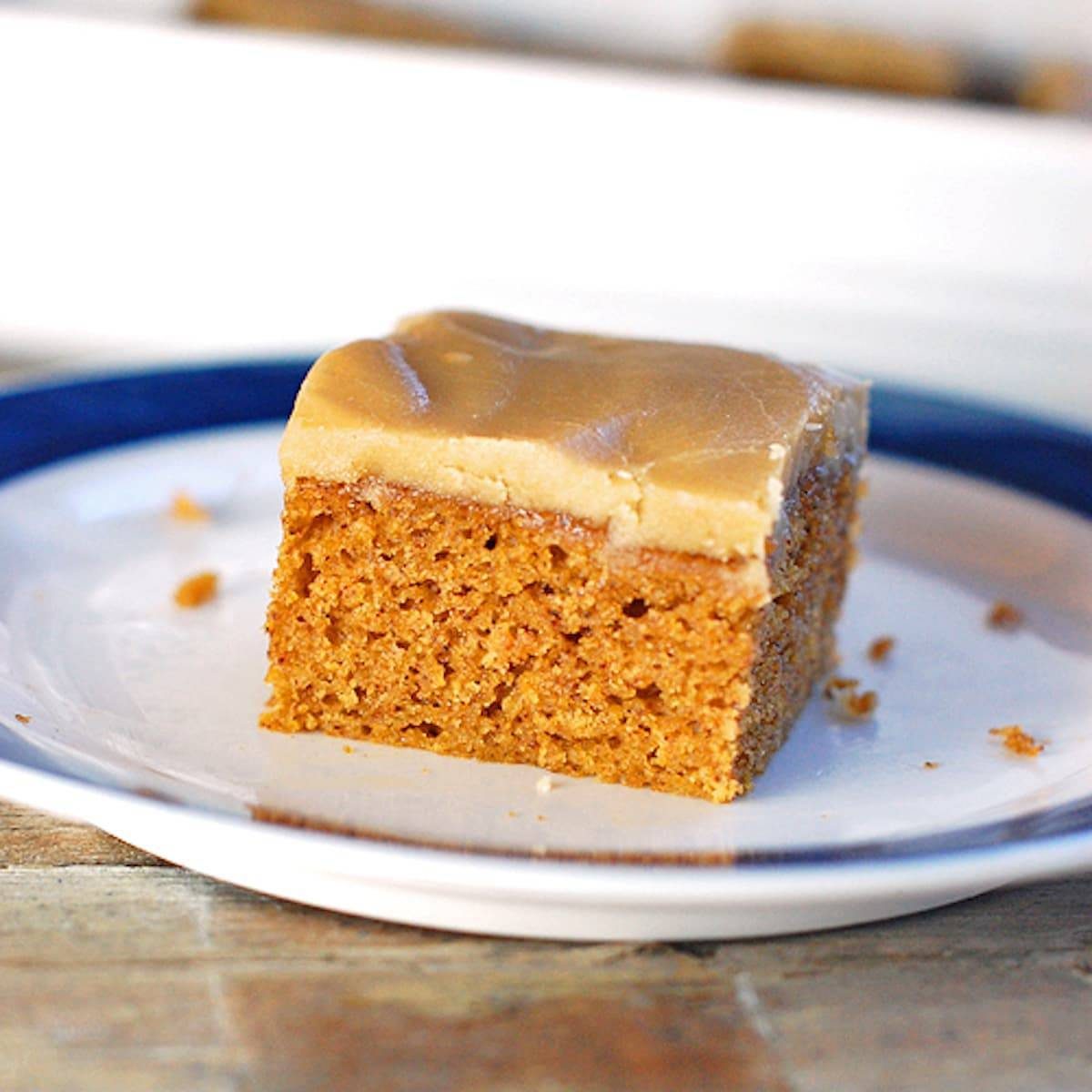 Pumpkin bar topped with this old-fashioned caramel frosting.